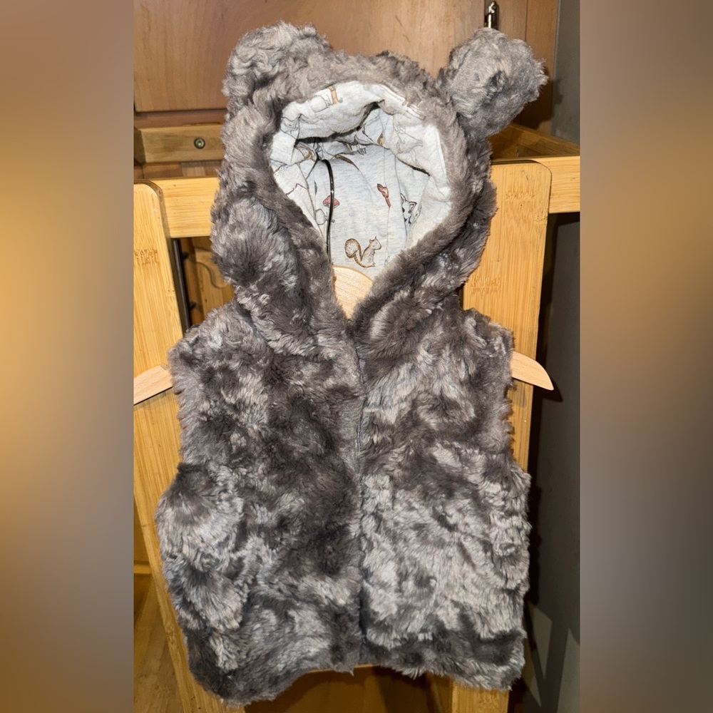 Next UK faux rabbit fur hooded bunny gilet / vest 12-18 mos woodland grey